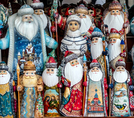 Carved Santa Claus Handpainted Christmas Wood Figurine Ded Moroz souvenirs Snegurochka Figurine.