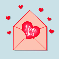 Vector romantic background with envelope. In the envelope is a card with a heart and the inscription 
