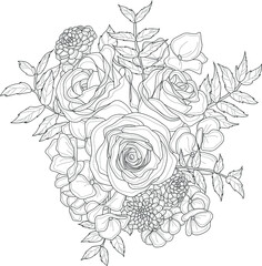 Realistic mix flower bouquet with rose, peony, small flower, leafs sketch template. Cartoon vector illustration in black and white for games, background, pattern, decor. Coloring paper, page, book