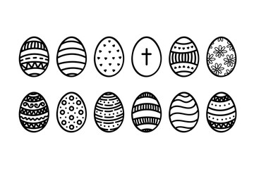 Vector Doodle Outline Easter Eggs Set. Traditional Holiday Painted Eggs. Hand drawn line art elements isolated. Black and white contour drawing collection for design card, poster, coloring book page
