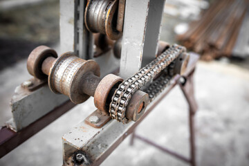 A device for bending metal at a construction site.