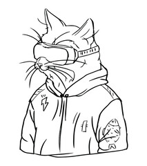 black lines cartoon cat in vr 
glasses in korean urban style on white background, editable vector illustration