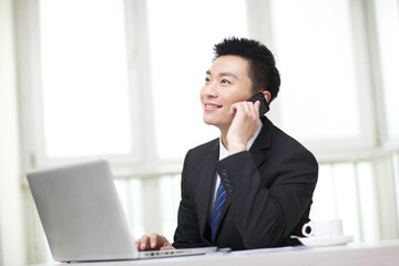 Portrait of businessman sitting at desk and using cell phone