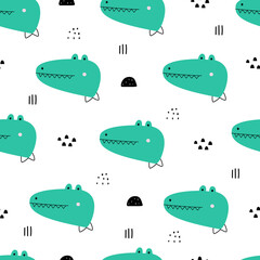 Obraz premium The seamless pattern has a crocodile face with black dots. Cute animal cartoon backgrounds hand drawn in childrens style used for print, wallpaper, fabric pattern, textile. Vector illustration