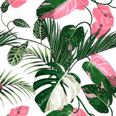 Tropic summer painting seamless pattern with exotic pink green liana branch and tropical leaves. Trendy exotic flower wallpaper on white background.