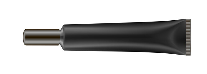 Black tube with long cap. Realistic 3d tube. Vector illustration. Salve or ointment. Concealer or face foundation. Serum packaging. Metal and plastic.