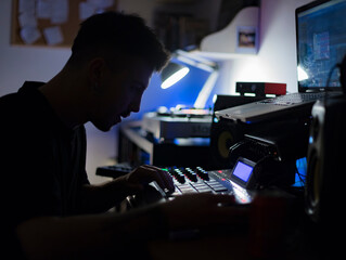 Beatmaker producing some beats with a drum machine in his home studio