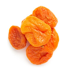 Dried apricots fruit, isolated on white background, close up, top view