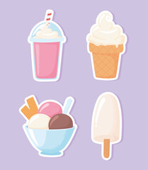 milk dairy product cartoon icons set milkshake ice cream in stick scoops and cone