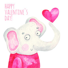 cute elephant holding heart, greeting card for valentine's day, illustration