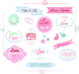 set of simple pink love, couple and wedding label, card elements