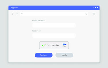 Register interface. Login window template. Email and password blank . Сheck for a robot captcha. Modern flat design.