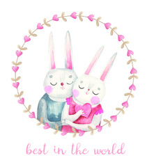 couple of rabbits in love in a round frame, cute valentine's day card, illustration