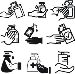 Washing hand with sanitizer liquid soap alcohol gel icon