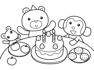 Bear, monkey and mouse have a great party without color for color book