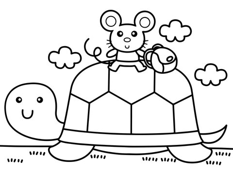 Turtle carry mouse across the river without color for color book