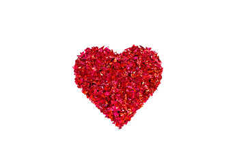 Red heart made of red glitter on white background