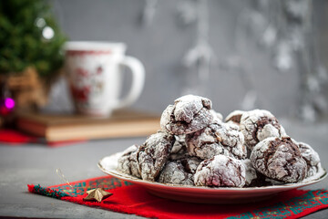 Chocolate cookies in powdered sugar. Chocolate wrinkles.