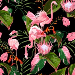 Pink flamingo and exotic flowers, palm leaves on black background. Floral seamless pattern. Tropical illustration. Exotic plants, birds. Summer beach design. Paradise nature.