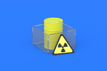 Barrel with radioactive substance behind fence and warning sign. Storage, protection radiation waste or nuclear fuel. Limited access. 3d render