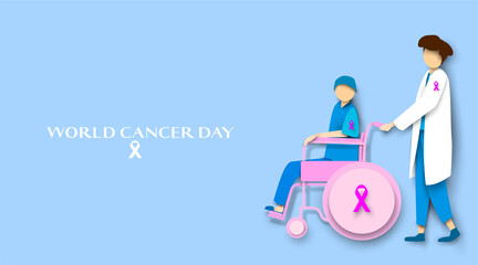 Medical doctor treating cancer patient on wheelchair. World cancer day chemotherapy concept