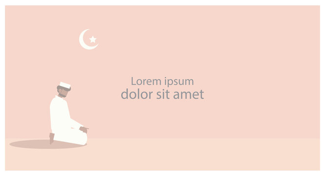 Minimal flat vector illustration of Ramadan Kareem. Eid al-Fitr Mubarak Islamic Feast Greetings.Muslim man praying to God,pointed fingure poses to represent or vow.Allah is one and only God 