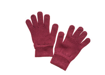 Pair of red woolen gloves isolated on white background, female accessory