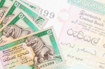 10 Sri Lankan rupees bills lies in stack on background of big semi-transparent banknote. Abstract...
