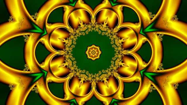 animation of gold color star with green ornament with the appearance of gold fractal ornament in the center on a green background