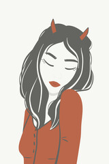 Isolated flat illustration, portrait of a devil girl with long dark hair, red lips, red horns and white skin