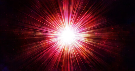輝く光線、閃光、集中線、放射、光り輝く背景。赤