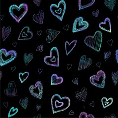 Seamless pattern with shaggy hearts in cold (blue, lilac, emerald) colors on a black background.  Graphic illustration.  Background for textiles, postcards, wrapping paper, prints, wallpaper.  Love