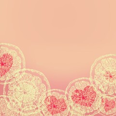 Valentine's day concept background or greeting card.  Graphic illustration. White silhouettes of cut oranges  with a stencil of  red hearts on a pastel background in pink and beige colors.