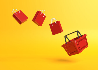 Flying shopping basket with shopping bags on a yellow background. Minimalist concept. 3d render illustration