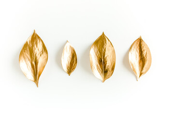 Pattern, texture with gold leaves isolated on white background. flat lay, top view