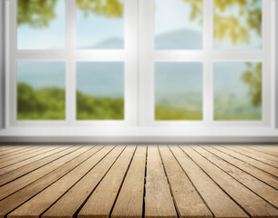 wooden table top montage photo with white window and view point of mountain landscape and leaves as frame