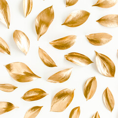 Pattern, texture with gold leaves isolated on white background. flat lay, top view