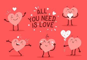 Vector set of pink happy heart character in different poses with quote text on red background.