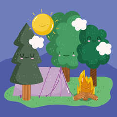 camping forest tent bonfire sun clouds in cartoon style design