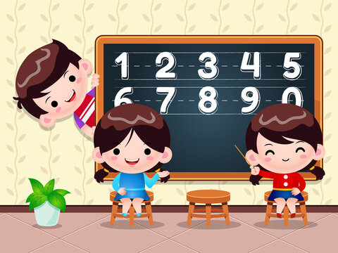 Vector Illustration Kids Teaching And Learning Number In Front Of Chalk Board