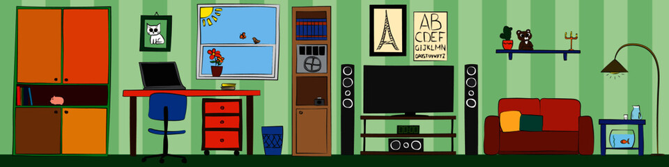 Hand drawn interior of the living room with various furniture and objects (game or cartoon location). Flat outline cartoon style. 