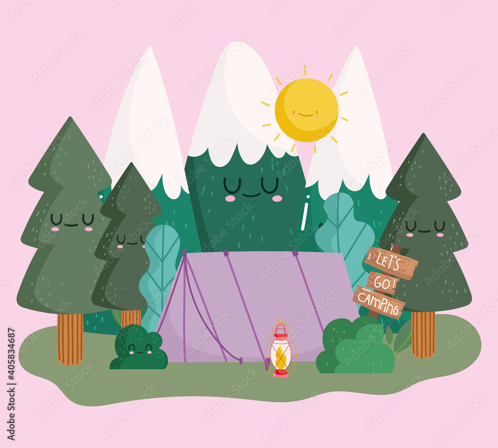 Sticker camping tent mountains trees forest nature in cartoon style design