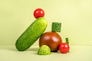 Vegetable art composition. Abstract balancing construction of sliced cucumber and tomatoes. Copy...