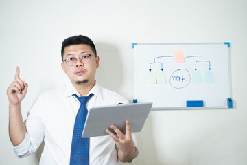 Young Asian businessman Wear a white shirt Tie a blue tie using his tablet