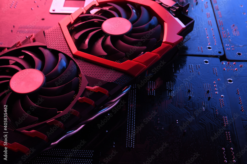 Poster computer game graphics card, videocard with two coolers on circuit board ,motherboard background. cl
