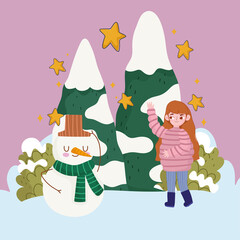 christmas girl and snowman tree snow mountians cartoon winter time