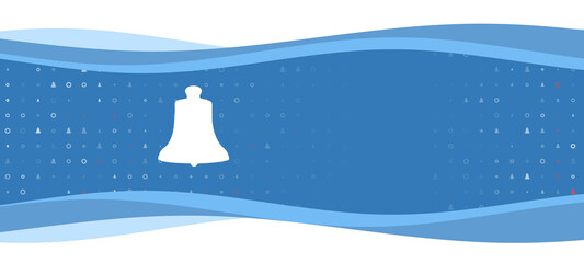 Blue wavy banner with a white vintage bell symbol on the left. On the background there are small white shapes, some are highlighted in red. There is an empty space for text on the right side