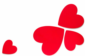 Frame Love symbols on Valentine day 14th February, red painted hearts on white background