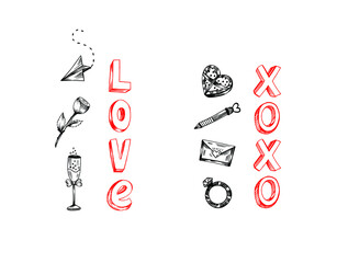Hand drawn graphic sketch illustration of love. Love theme card. Valentine's day graphic vector illustration. Love elements for any design.
