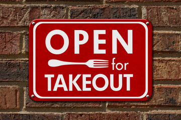 Open for Takeout message on hanging red sign for restaurants